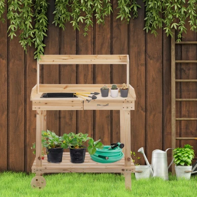 Outsunny Wooden Potting Bench Work Table with 2 Removable Wheels, Sink, Drawer & Large Storage Spaces, 92x45x119cm