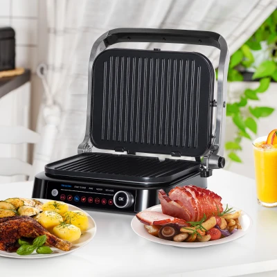HOMCOM 2100W Health Grill & Panini Press, Electric Non-stick Grill with 8 Automatic Settings, 180° Flat Open, Drip Tray, Removable Plate, Floating Hinges