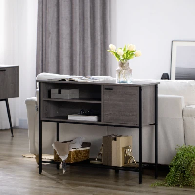 HOMCOM Console Table, Industrial Hallway Table with Door, 2 Open Compartments and Slatted Bottom Shelf, Narrow Entryway Table, Grey