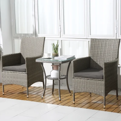 Outsunny Garden Outdoor Rattan Furniture Bistro Set 3 PCs Patio Weave Companion Chair Table Set Conservatory, Light Grey