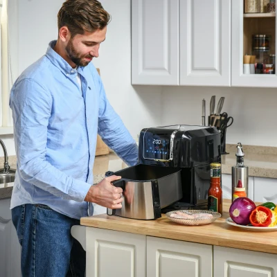 HOMCOM Heißluftfritteuse 6,5 L 1700W mit 8 Menüs LED-Display Antihaftbeschichteter Korb für gesundes ölfreies fettarmes Kochen Schwarz 36,5 x 29 x 33,8 cm