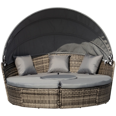 Outsunny Outdoor PE Rattan Garden Furniture with Cushions, Patio Wicker Conversation Set, Round Daybed with Retractable Canopy, Coffee Table, and Three Pillows, Dark Grey