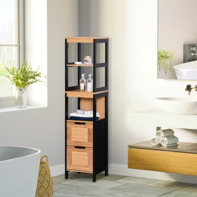 Kleankin Tall Cabinet, Bathroom Free Standing Cabinet, Bamboo Tall Storage Cabinet with Shelf, Freestanding  Furniture