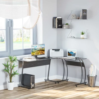 HOMCOM L Shape Computer Desk Corner Display Table Laptop Study Desk Minimalist Space Saving Wood Steel Gaming PC Workstation for Home Office 112.5x152x74cm Black