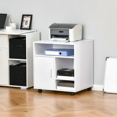 HOMCOM Multi-Storage Printer Stand Unit Office Desk Side Mobile Storage w/ Wheels Modern Style 60L x 50W x 65.5H cm - White