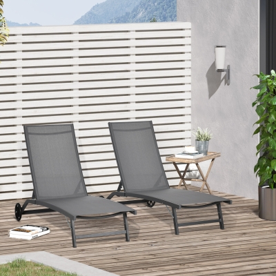 Outsunny Conjunto de 2 Espreguiçadeiras para Exterior com Encosto Ajustável em 5 Níveis e Rodas para Praia Piscina 165x66x102cm Cinza