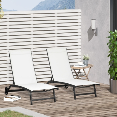Outsunny Conjunto de 2 Espreguiçadeiras para Exterior com Encosto Ajustável em 5 Níveis e Rodas para Praia Piscina 165x66x102cm Branco e Preto