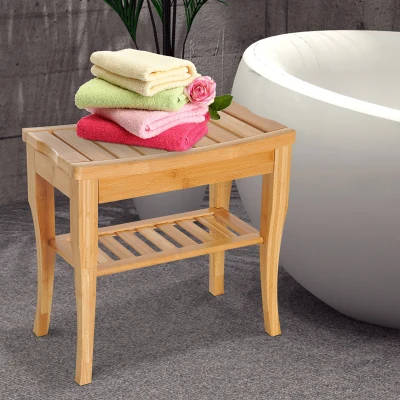HOMCOM 45cm 2-Tier Slatted Shower Bench Storage Seat w/ 4 Legs Comfortable Safe Bathroom Stool Spa Bath Organiser