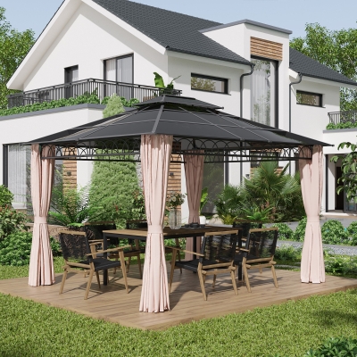 Outsunny Pérgola de Jardim 3,6x3m com Teto Duplo de Policarbonato 4 Cortinas Laterais Mosquiteiras com Zíper Preto Cinza e Cáqui