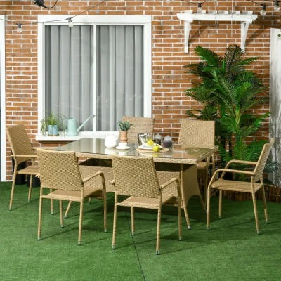 Outsunny Conjunto de Jardim Refeição de Vime PE com 7 Peças Mesa com Bancada de Vidro e 6 Cadeiras Empilháveis Areia e Bege