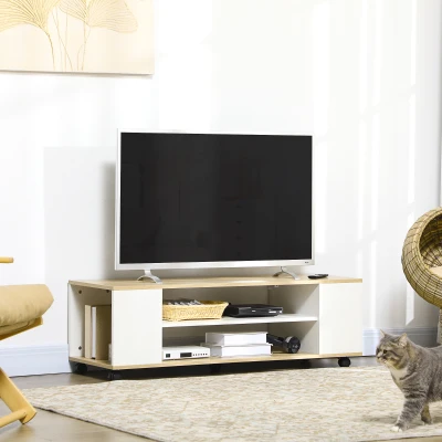 HOMCOM Móvel para TV com Rodas Armário para TV Flutuante com 2 Portas e 2 Prateleiras 120x40x38,5cm Branco e Madeira