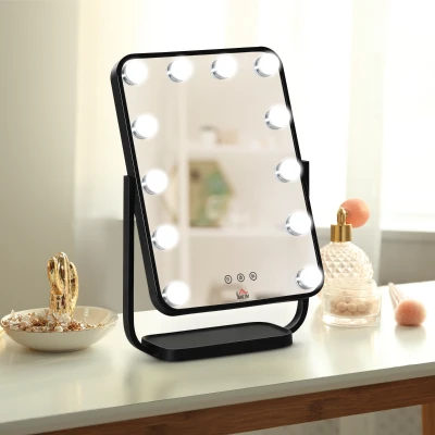 HOMCOM Vanity Mirror with LED Lights, Tabletop Makeup Mirror with 12 Dimmable Bulbs, Memory Function and Metal Frame, Black