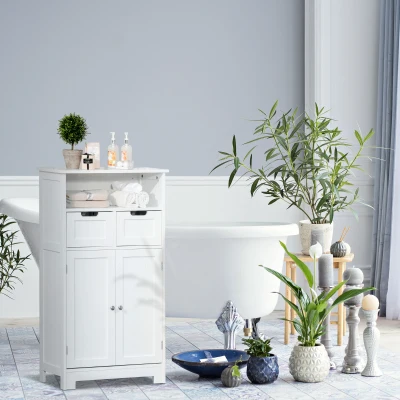 kleankin Bathroom Cabinet, Free Standing Bathroom Storage Cabinet with 2 Drawers and Adjustable Shelf, Small Bathroom Storage Unit, White
