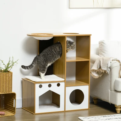 PawHut Casa para Gatos de Madeira com 2 Cavernas Arranhador Rede e Almofadas de Pélucia 76x37x92,5 cm Carvalho e Branco