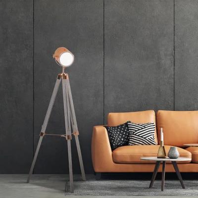 HOMCOM Adjustable Tripod Floor Lamp, Industrial Nautical Searchlight with Wood Legs, for Living Room, Bedroom, Grey and Rose Gold