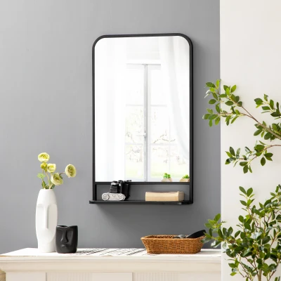 HOMCOM Modern Square Wall Mirror with Storage Shelf, 86 x 53 Mirrors for Living Room, Bedroom, Black