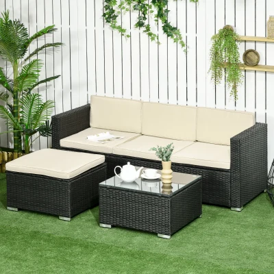 Outsunny Conjunto de Móveis de Vime de Jardim 3 Peças Sofá de 3 Lugares com Almofadas e Mesa de Centro com Bancada de Vidro Preto e Bege