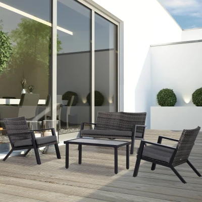 Outsunny Conjunto Móveis de Jardim Vime de 4 Peças com Sofá de 2 Lugares Poltrona Individual e Mesa de Centro Preto