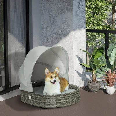 PawHut Wicker Covered Dog Bed, Waterproof Pet Sofa Outdoor with Adjustable Canopy, Soft Cushion for Small and Medium Dogs, Grey
