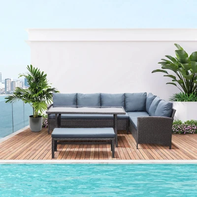 Outsunny Conjunto de 4 Peças de Móveis e Vime com Almofadas Acolchoadas com 2 Sofás 1 Banco e 1 Mesa de Vidro Temperado Cinza