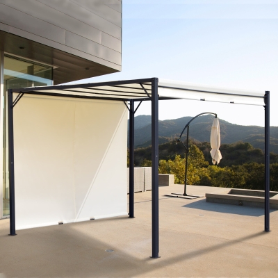 Outsunny Pérgola 3x3 Pérgola com Teto Retrátil e Parede Lateral Versátil para Jardim pátio Terraço e Tecido de Poliéster Creme e Preto