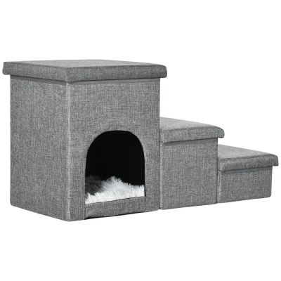 PawHut Scari de pat pentru caini, Scari pentru animale de companie cu 3 trepte, cu casuta pentru pisici si 2 cutii de depozitare, Rampa 3 in 1 pentru caini cu perna din plus lavabila, gri deschis
