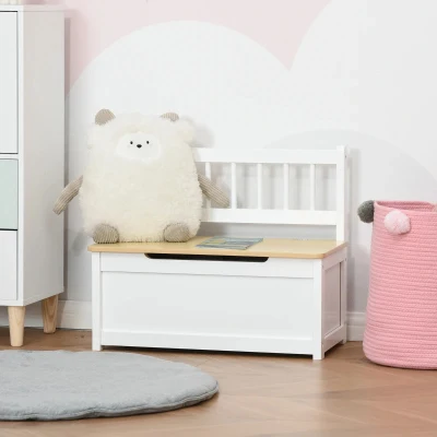 HOMCOM Organizador de Brinquedos para crianças acima de 2 anos Banco de Armazenamento Infantil de Madeira de Pinho com Tampa de Amortecimento e Encosto Alto para Sala de Jogos quarto 60x30x50cm Banco