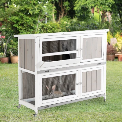 PawHut Wooden Rabbit Hutch Two-Tier Guinea Pig Cage Elevated Multi-Door Pet House Bunny Cage w/ Rain Cover, Wheels, Trough, Ramp, Slide-Out Tray  - Grey