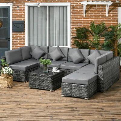 Outsunny 8 Pieces PE Rattan Corner Sofa Set, Outdoor Garden Furniture Set, Patio Wicker Sofa Seater w/ Cushion, Washable Cushion Cover & Tempered Glass Table, Grey