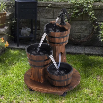Outsunny Holzfass-Brunnen mit Wasserpumpe,Kaskadenbrunnen,ZImmerbrunnen,Rustikales Holz,Vintage-Stil,Einfach zu transportieren,Tannenholz,Verkohltes Holz,Maße 60 x 60 x 78 cm
