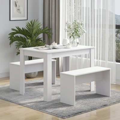 HOMCOM Particle Board 3-Piece Dining Table & Bench Set White