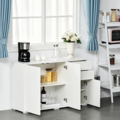 HOMCOM Modern Stylish Freestanding Push-Open Design Cabinet with 2 Drawer, 2 Door Cabinet, 2 Part Inner Space, for Living Room, Bedroom, Bathroom, Kitchen, White