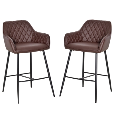 HOMCOM Set of 2 Bar stools Retro PU Leather Bar Chairs w/ Footrest Metal Frame Comfort Support Stylish Dining Seating Home Brown