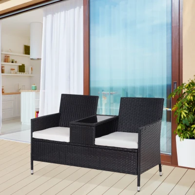 Outsunny Rattan 2-Seater Chair Set with Tea Table - Black
