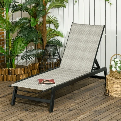 Outsunny Outdoor PE Rattan Sun Loungers, Patio Wicker Chaise Lounge Chair with 5-Position Backrest, Wheels for Sun Room, Garden, Poolside, Grey