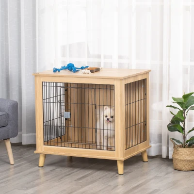 PawHut Transportbox aus Holz, Hundebox 81 cm x 58,5 cm x 76 cm Eiche Stahl Braun + Schwarz