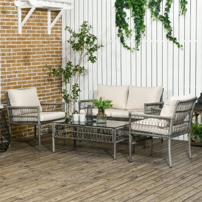 Outsunny Salon Jardin 4Pcs Canapé 2 Places Métal Rotin