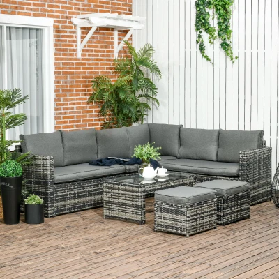 Outsunny 6 Piece Rattan Garden Furniture Set, 8-Seater Outdoor Sofa Sectional with 3 Cushioned Loveseat 
 2 Footstools Table Grey