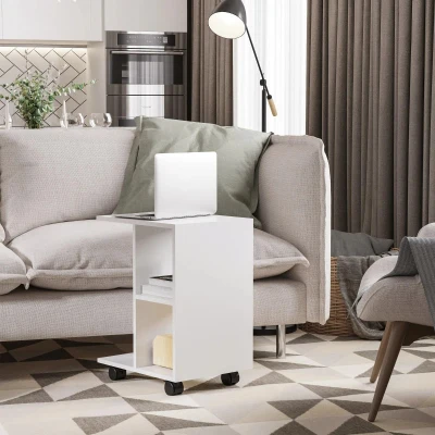 HOMCOM Mesa Auxiliar Moderna Mesa Auxiliar em Forma de C com Rodas e Prateleiras Abertas 45x35x58 cm Branca