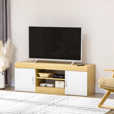 HOMCOM Móvel para TV com 2 Portas e Armazenamento de 2 Níveis para Televisores de até 60 Polegadas 130x39,6x48cm Branco e Madeira
