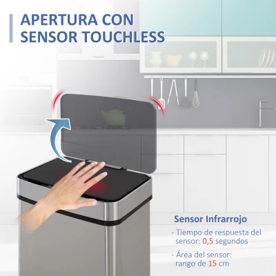 HOMCOM Papelera de Cocina 72L con Sensor Detector de Movimiento Apertura Automático y 3 Compartimentos 42x30x81 cm Gris(m-4)