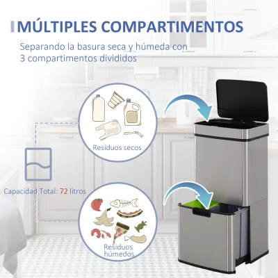HOMCOM Papelera de Cocina 72L con Sensor Detector de Movimiento Apertura Automático y 3 Compartimentos 42x30x81 cm Gris(m-5)
