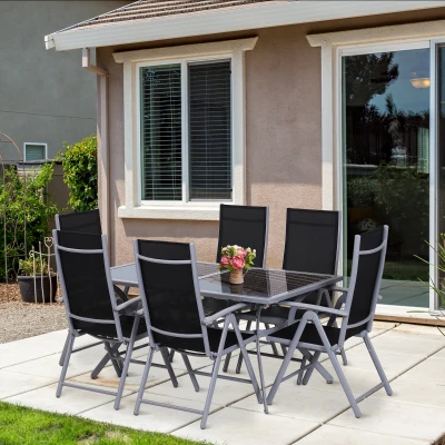 Outsunny Outdoor Patio Garden Texteline Dining Furniture Set with 6 Folding Chairs Plus Table - Black (7-Piece)