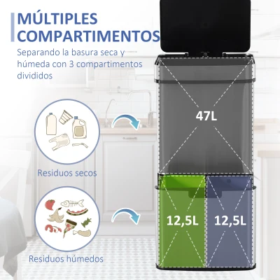 HOMCOM Papelera de Cocina 72L con Sensor Detector de Movimiento Apertura Automático y 3 Compartimentos 42x30x81 cm Gris(m-6)
