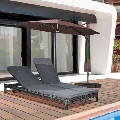Outsunny 2 Person Rattan Wicker Adjustable Chaise Lounge Chair with Cushions Grey