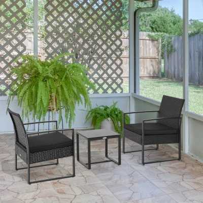 Outsunny 3 Pieces Rattan Patio Sets Bistro Table Set Conversation Set All Weather w/ Cushion
