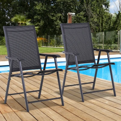 Outsunny Set of 2 Folding Garden Chairs - Metal Frame Outdoor Patio Park Dining Seats with Breathable Mesh Seat, Black
