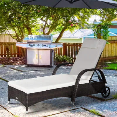 Outsunny Garden Rattan Furniture Single Sun Lounger Recliner Bed Reclining Chair Patio Outdoor Wicker Weave Adjustable Headrest with Fire Retardant Cushion - Brown