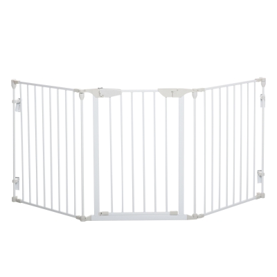 PawHut Pet Safety Gate, 3 Panels Playpen Fireplace, Metal Fence, Stair Barrier, Room Divider w/ Walk-Through Door - White