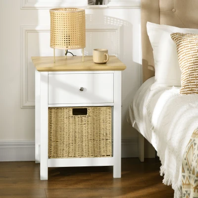 HOMCOM Mesa de Cabeceira Moderna com Gaveta de Armazenamento e Cesto de Vime Dobrável 49x39x64 cm Branco e Madeira